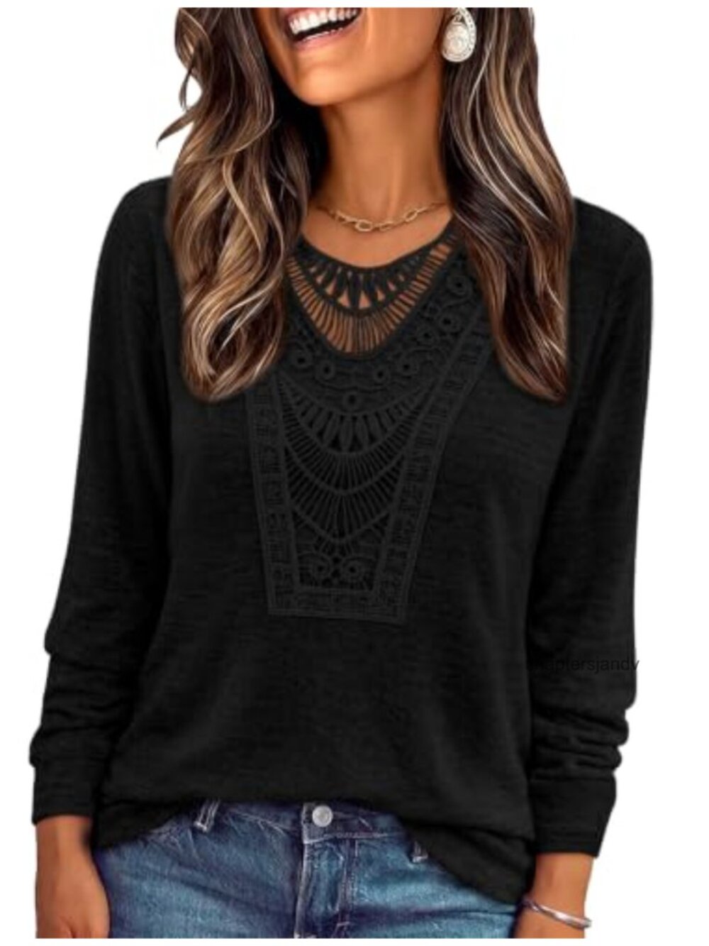 Women's Boho Long Sleeve Blouse V-Neck Lace Casual Tunic Top